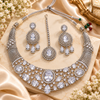 Zarini Silver-Tone White Crystal Bridal Necklace Set with Earrings & Maang Tikka | Wedding Jewellery
