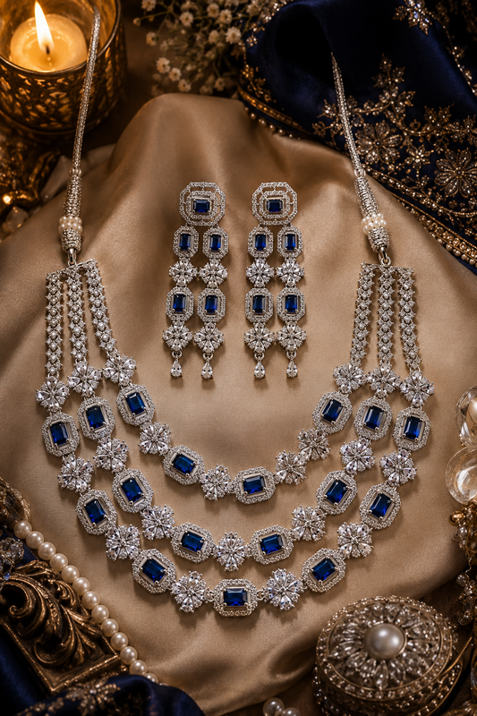 Zarini Royal Sapphire Crystal Layered Necklace Set with Statement Earrings