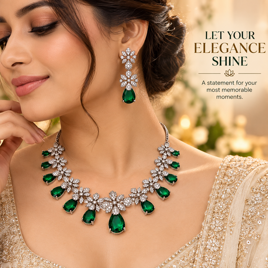Zarini Emerald Green Crystal Necklace Set with Matching Earrings | Silver-Tone Floral Statement Jewellery