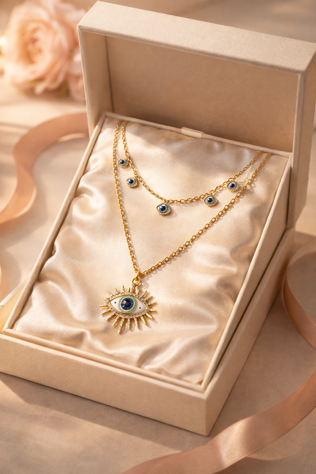 Zarini’s Gold-Toned Layered Evil Eye Necklace with Multiple Blue Beads