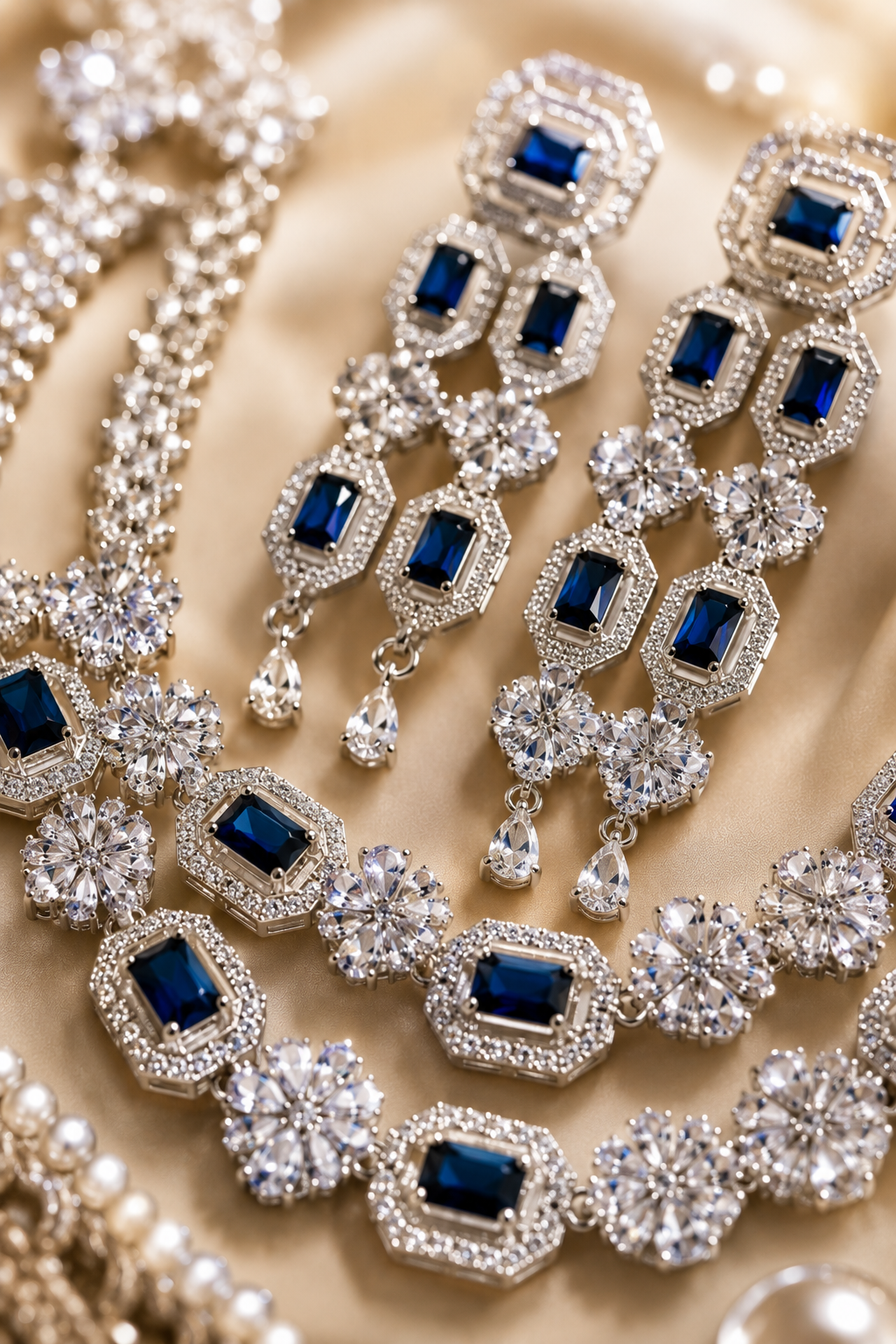 Zarini Royal Sapphire Crystal Layered Necklace Set with Statement Earrings