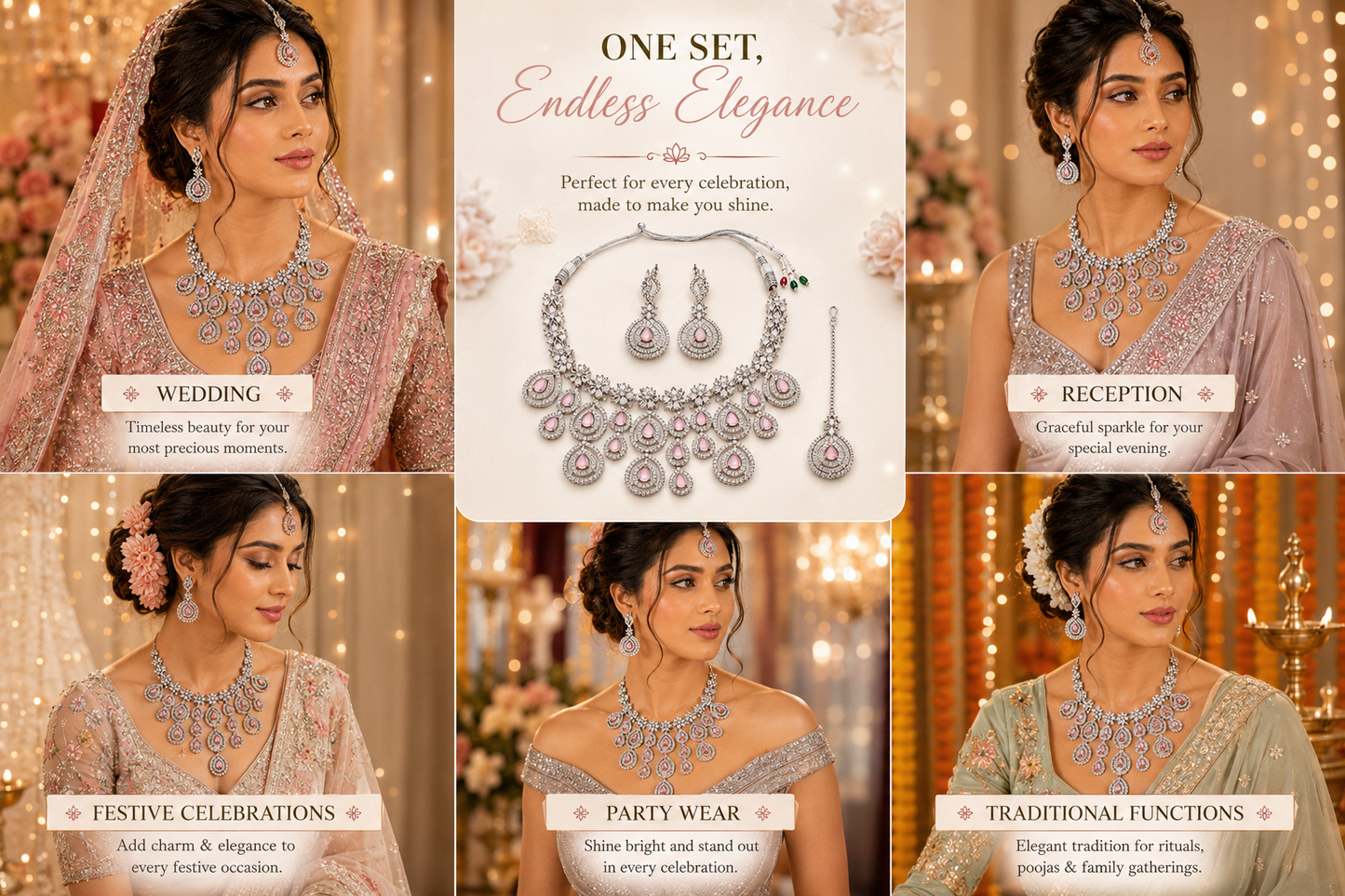 Zarini Blush Pink AD Bridal Necklace Set with Earrings & Maang Tikka