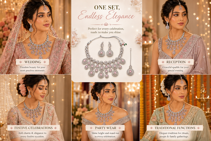 Zarini Blush Pink AD Bridal Necklace Set with Earrings & Maang Tikka