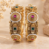 Zarini Antique Gold-Toned Ruby & Emerald AD Kada Bangles with Pearl Detailing – Set of 2