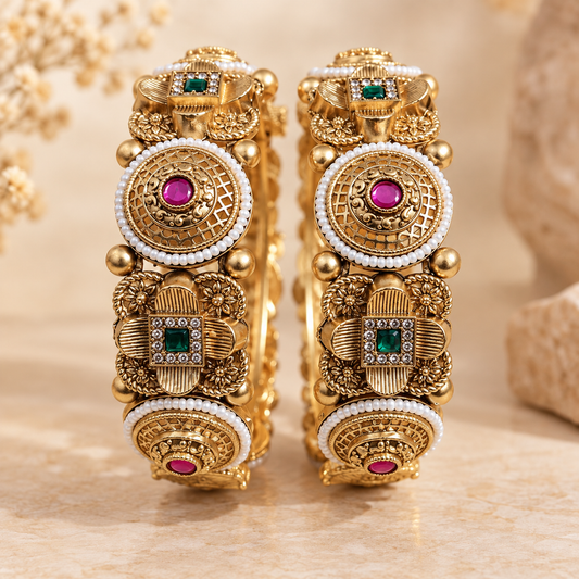 Zarini Antique Gold-Toned Ruby & Emerald AD Kada Bangles with Pearl Detailing – Set of 2