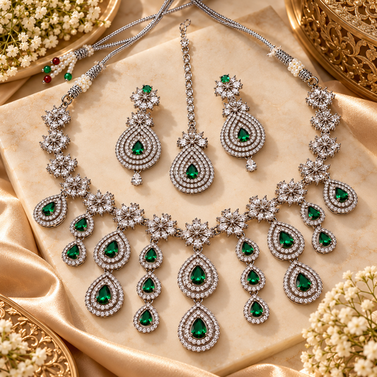 Zarini Emerald Green Crystal Bridal Necklace Set with Earrings & Maang Tikka | Silver-Tone Jewellery