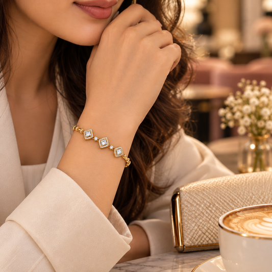 Golden Square Crystal Bracelet for Women | Elegant CZ Link Bracelet with Sparkling Stones