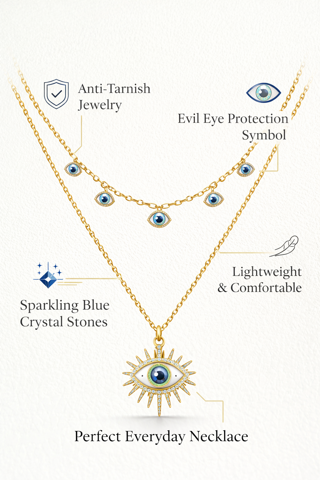 Zarini’s Gold-Toned Layered Evil Eye Necklace with Multiple Blue Beads