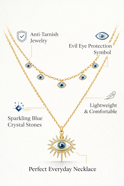Zarini’s Gold-Toned Layered Evil Eye Necklace with Multiple Blue Beads