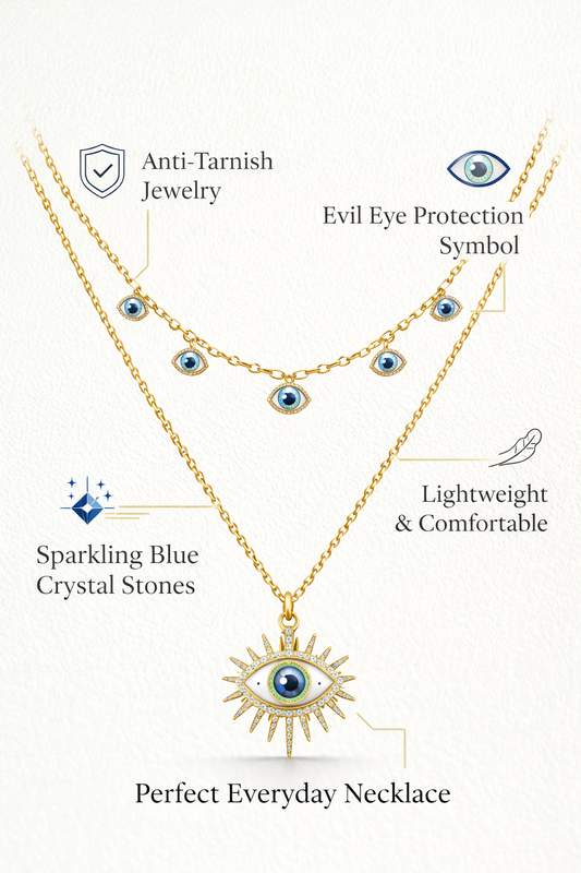 Zarini  Gold-Toned Layered Evil Eye Necklace with Multiple Blue Beads