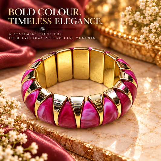 Zarini Hot Pink Marbled Statement Bangle for Women | Gold-Tone Elegant Bracelet