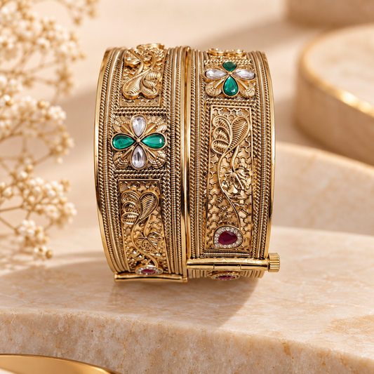 Zarini Antique Gold-Toned Peacock Kada Bangles with Green, White &amp; Ruby Stones – Set of 2