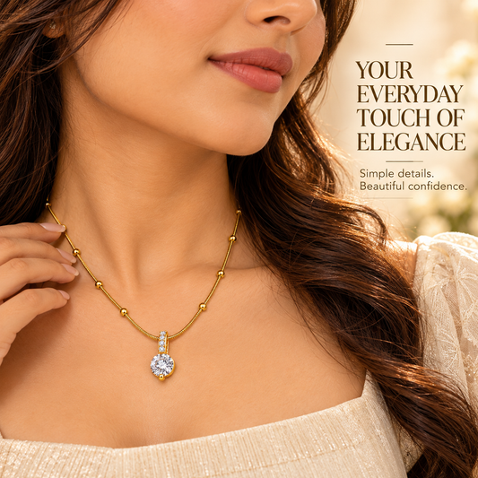 Zarini Gold-Tone Solitaire Pendant Necklace for Women | Crystal Drop Pendant with Beaded Chain