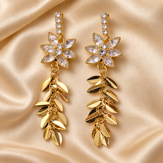 Zarini Gold-Tone Crystal Floral Drop Earrings | Leaf Chain Dangle Earrings