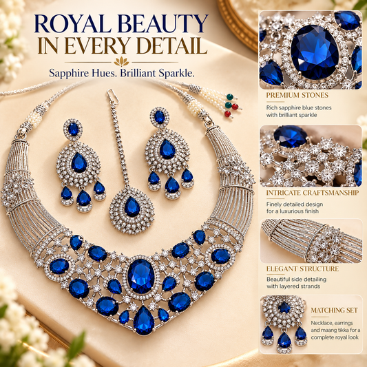 Zarini Royal Blue Crystal Bridal Necklace Set with Earrings & Maang Tikka | Silver-Tone Wedding Jewellery
