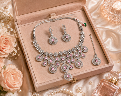 Zarini Blush Pink AD Bridal Necklace Set with Earrings & Maang Tikka