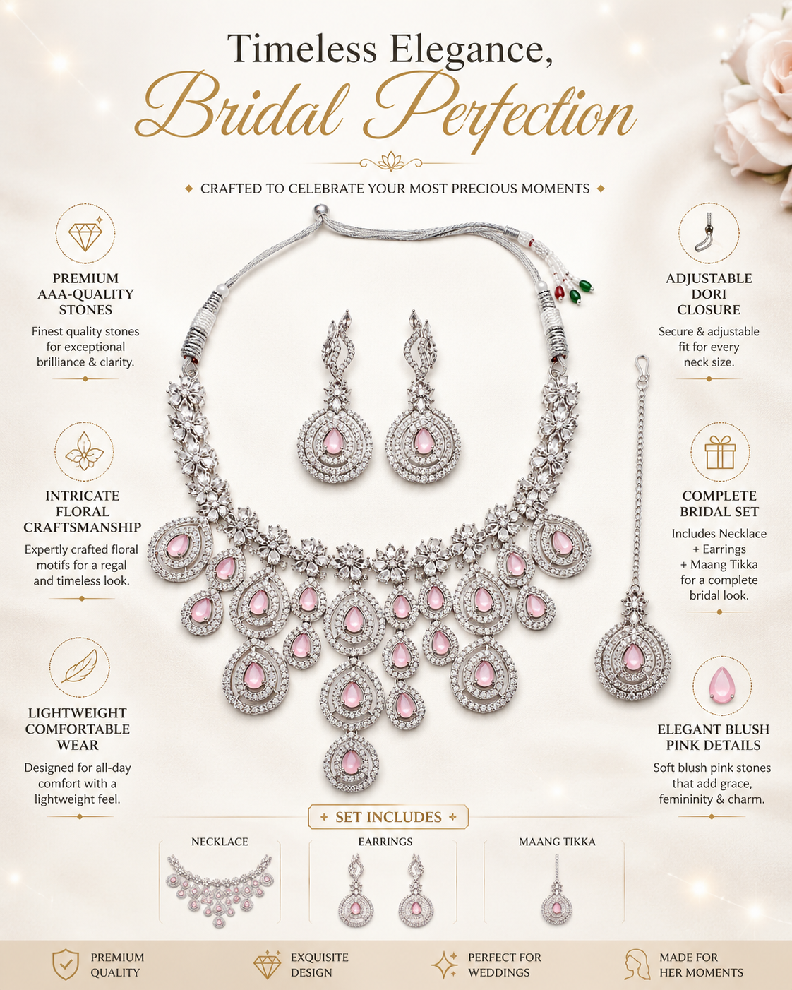 Zarini Blush Pink AD Bridal Necklace Set with Earrings & Maang Tikka