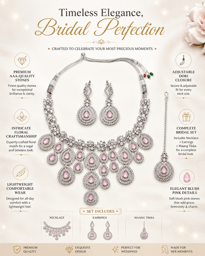 Zarini Blush Pink AD Bridal Necklace Set with Earrings & Maang Tikka
