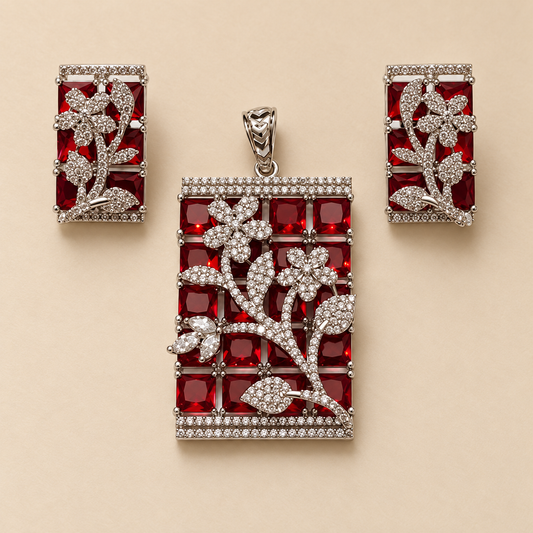 Zarini Ruby Red Floral Pendant Set with Earrings | Sillver-Tone Statement Jewellery