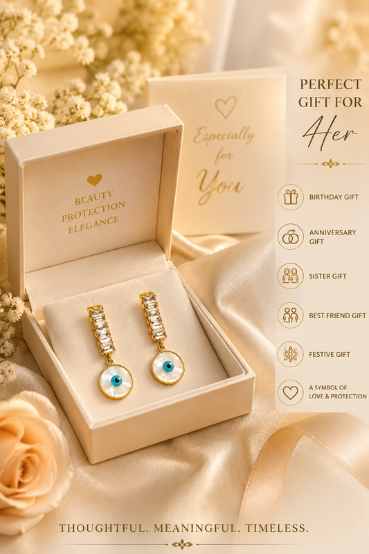 Zarini Gold-Tone Evil Eye Drop Earrings for Women | Crystal & Mother-of-Pearl Style Statement Earrings