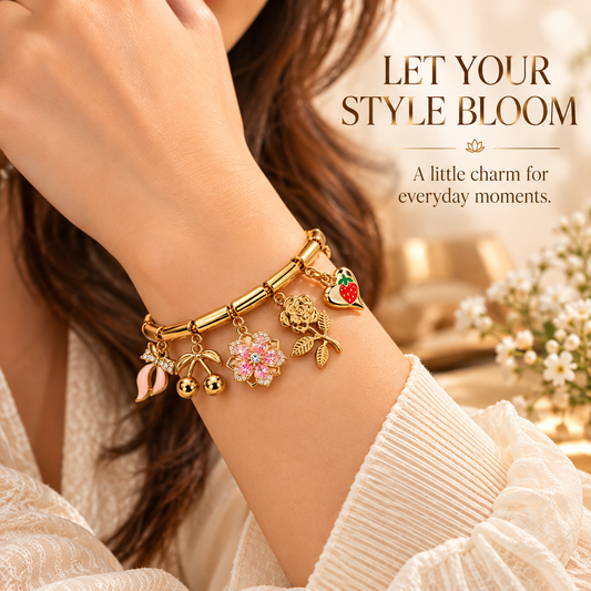 Zarini Gold-Tone Floral Charm Bracelet for Women | Pink Crystal & Strawberry Charm Bracelet