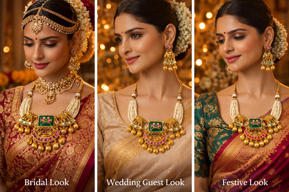 Zarini’s Royal Elephant Motif Pearl Kundan Necklace Set