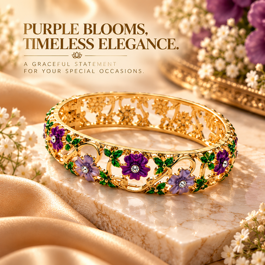 Zarini Gold-Tone Purple Floral Enamel Bangle for Women | Crystal Statement Bracelet