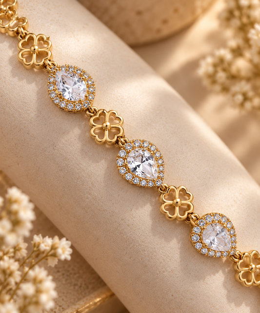 Golden Crystal Floral Bracelet for Women | Elegant Teardrop Stone &amp; Flower Link Bracelet