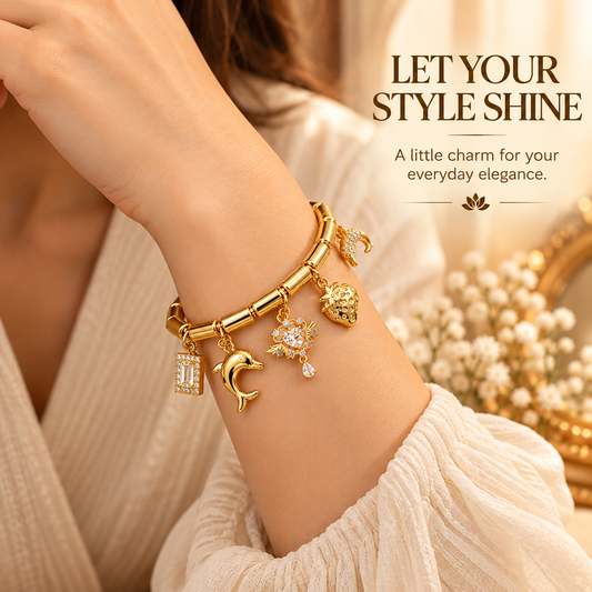Zarini Gold-Tone Charm Bracelet for Women | Crystal Dolphin & Moon Pendant Bracelet