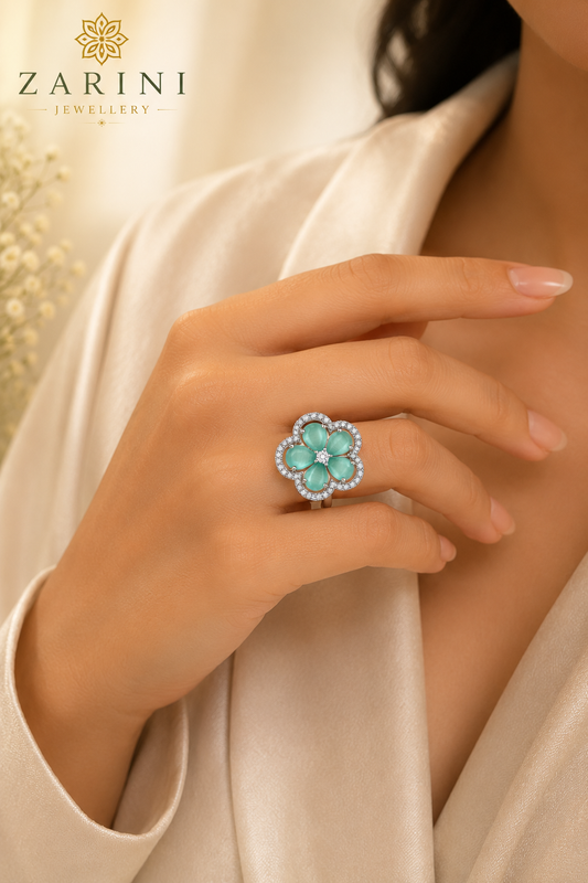 Zarini Bloom Crystal Floral Adjustable Ring – Silver Finish with Mint Green Stone
