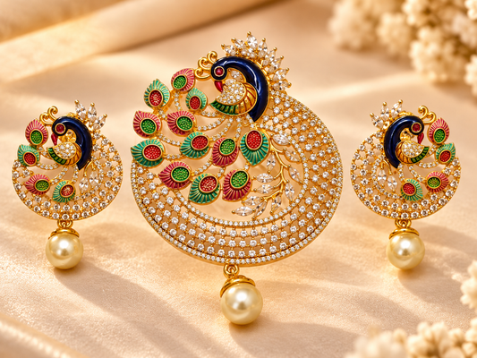 ZARINI Mayura Garden Multicolour Gold plated Peacock Pendant Set