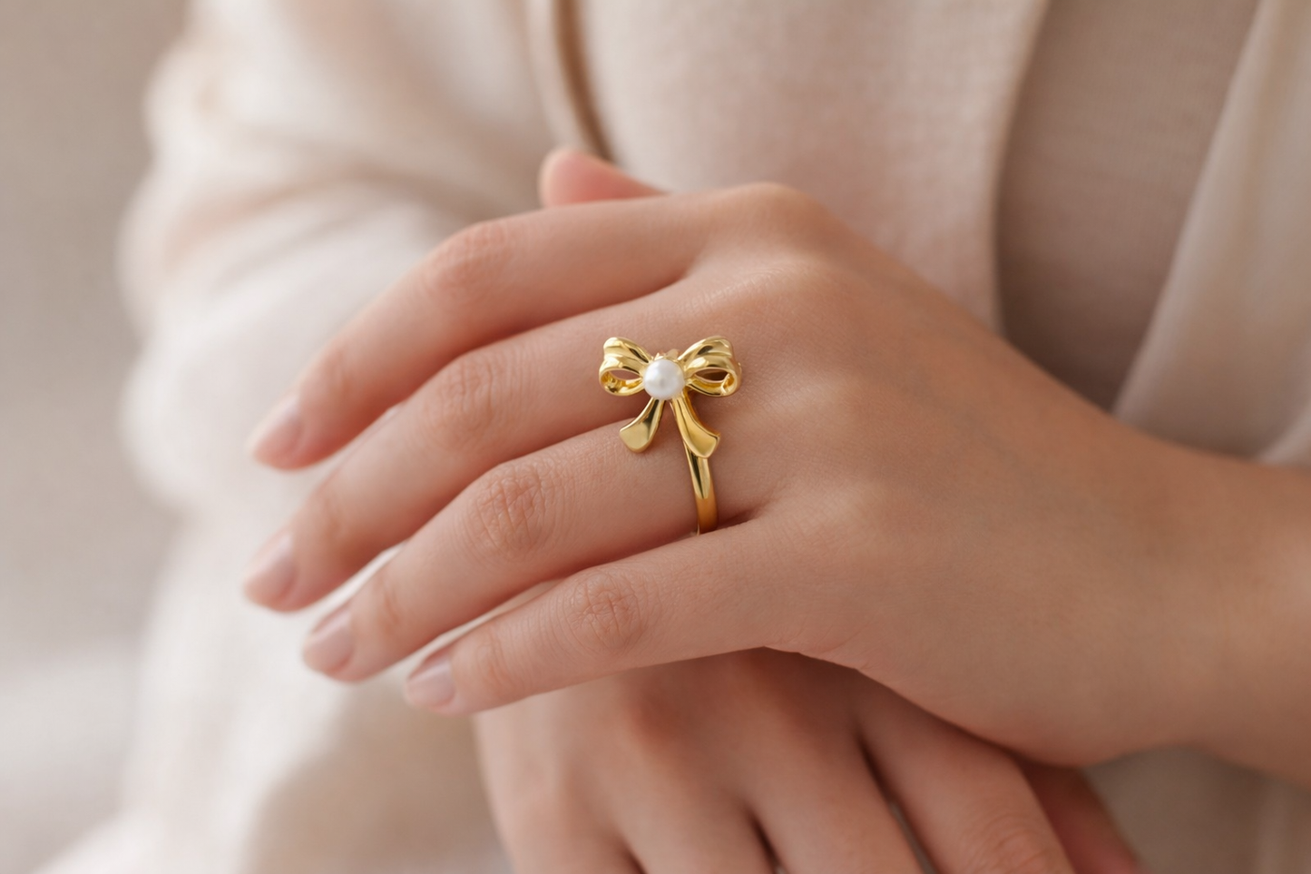 Zarini Gold-Plated Bow Ring – Anti-Tarnish Design with Central Faux Pearl