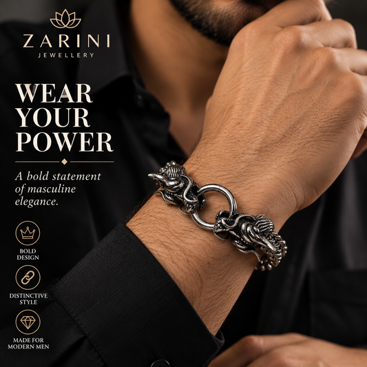 Zarini Silver-plated Twin Dragon Head Bracelet for Men | Bold Statement Jewellery