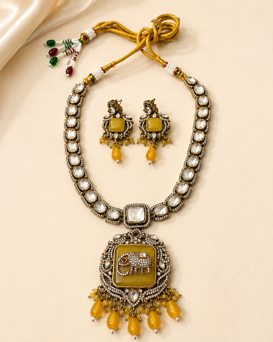 Zarini Aabha Mustard Elephant Kundan Necklace Set