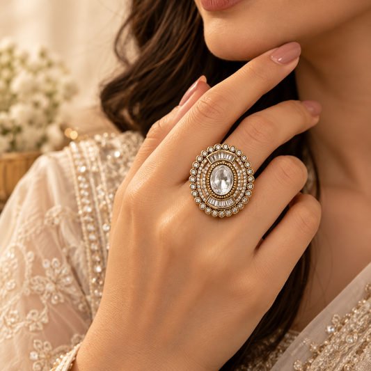 Zarini Gold Plated white Mossanite Statement Ring | Designer Cocktail Ring
