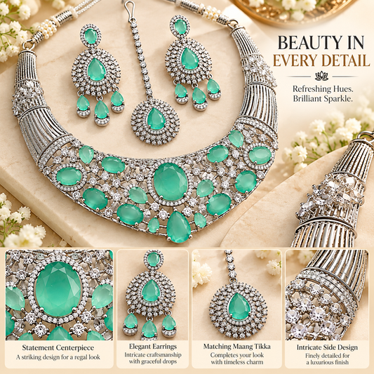 Zarini Mint Green Stone Bridal Necklace Set with Earrings & Maang Tikka | Silver-Tone Wedding Jewellery