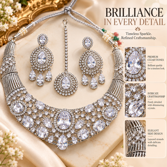 Zarini Silver-Tone White Crystal Bridal Necklace Set with Earrings & Maang Tikka | Wedding Jewellery