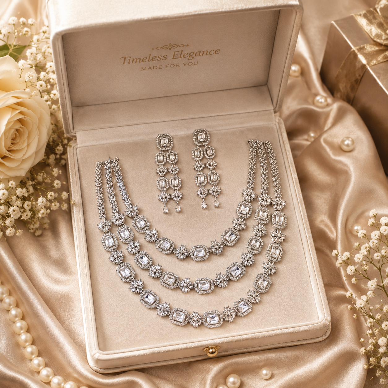 Zarini Luxe Radiance Crystal Layered Necklace Set with Statement Drop Earrings