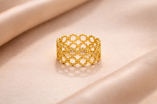 Zarinis Gold Plated Stainless Steel Honeycomb Pattern Adjustable Wide Band Ring Anti Tarnish Front View Showing Honeycomb Design
