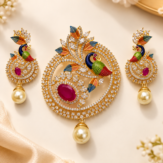 ZARINI Mayura Bloom Multicolour Peacock Pendant Set