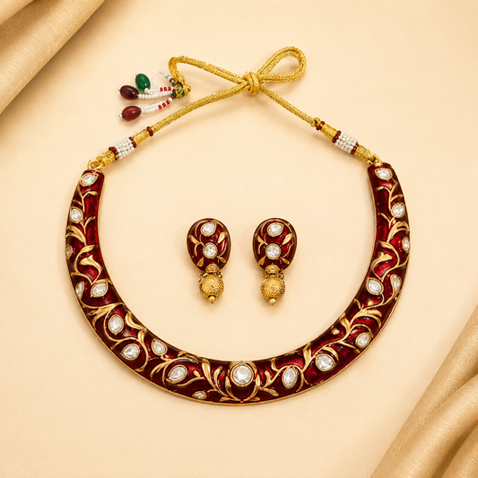 Zarini Aabha Crimson Meenakari Kundan Collar Set