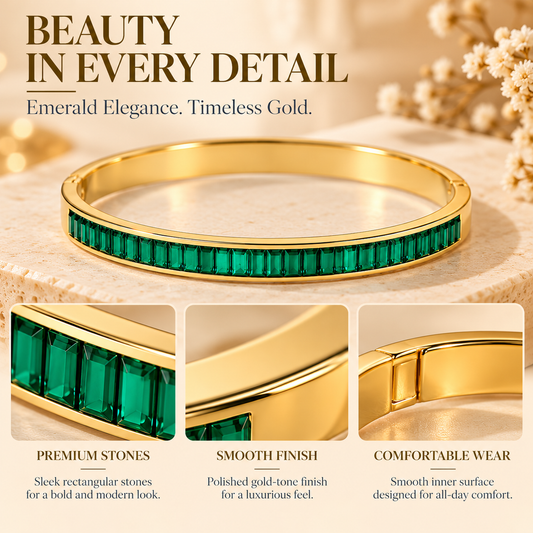 Zarini Emerald Green Stone Gold-Tone Bangle for Women | Elegant Luxury Bracelet