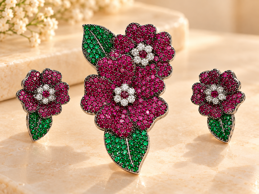 ZARINI Fuchsia Blossom Pink & Green Floral Pendant Set