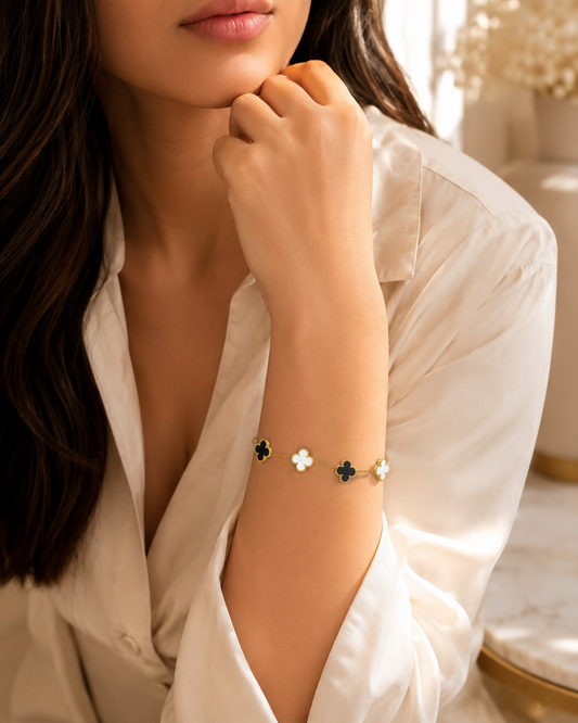 Zarini Black & White Clover Bracelet – Gold Plated Anti-Tarnish Dual-Tone Design