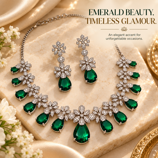 Zarini Emerald Green Crystal Necklace Set with Matching Earrings | Silver-Tone Floral Statement Jewellery