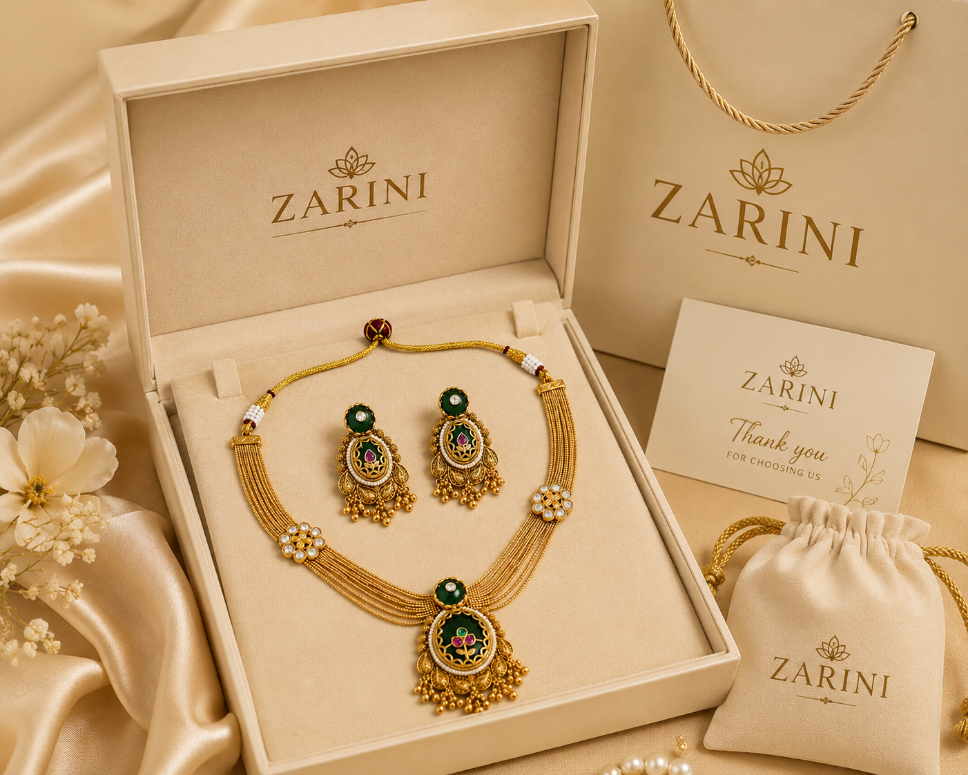 Zarini Emerald Antique Layered Necklace Set