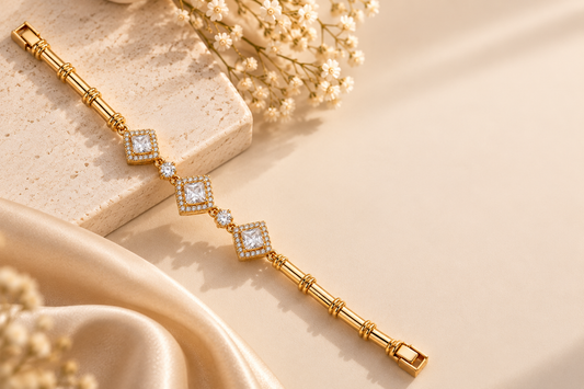 Golden Square Crystal Bracelet for Women | Elegant CZ Link Bracelet with Sparkling Stones