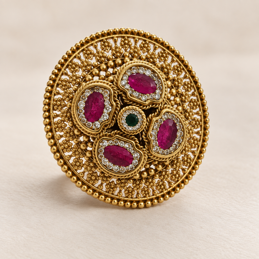 Zarini Gold plated Ruby & Emerald Statement Ring | Designer Kundan-Inspired Ring