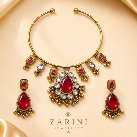 Zarini Aaradhya Ruby Kundan Hasli Necklace Set