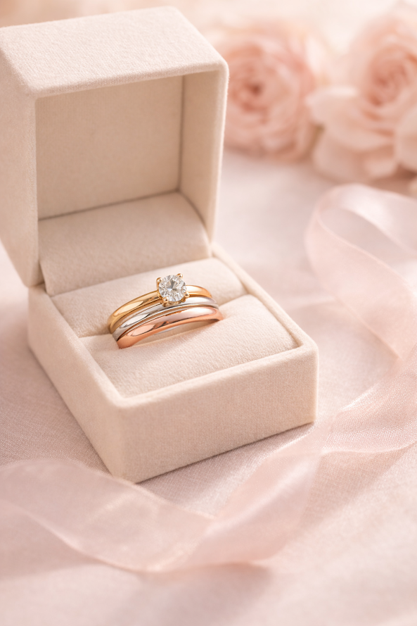 Zarini Trio Ring Set – Solitaire Gold Ring with Silver & Rose Gold Plain Bands (Anti-Tarnish)